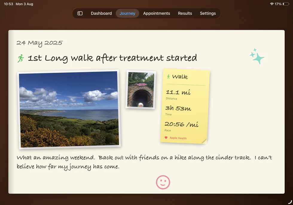 A personal moment as a scrapbook page: photographs of a coastal walk printed large with white borders, a handwritten note underneath, and the real workout on a sticky note showing 11.1 miles in 3 hours 53 minutes.