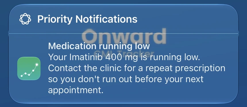 A phone notification reading: Medication running low. Your Imatinib 400 mg is running low. Contact the clinic for a repeat prescription so you don't run out before your next appointment.