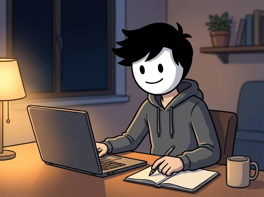 Illustration of a man sitting at a desk at night, working on a laptop with a notebook open beside him and a lamp lit.