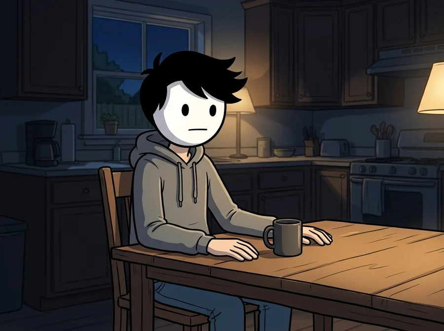 Illustration of a man sitting alone at a kitchen table late at night, hands resting either side of a mug, looking away in thought, the rest of the kitchen dark around him.