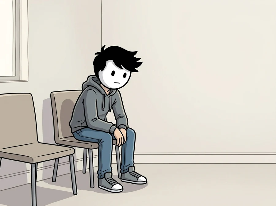 Illustration of a man sitting alone in a hospital waiting area, leaning forward with his arms on his knees, looking at nothing in particular.