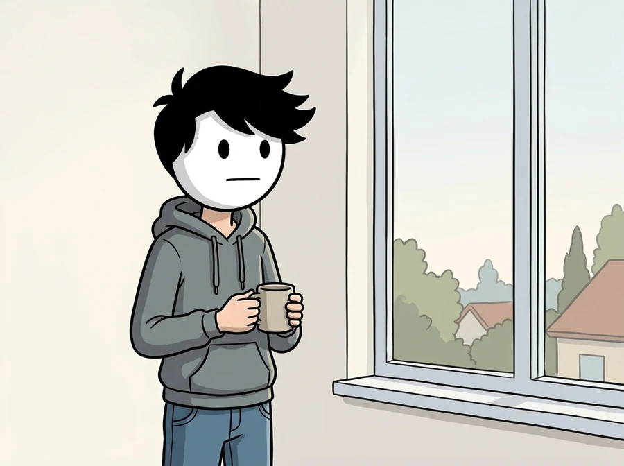 Illustration of a man standing at a window holding a mug in both hands, looking out at rooftops and trees in soft daylight.